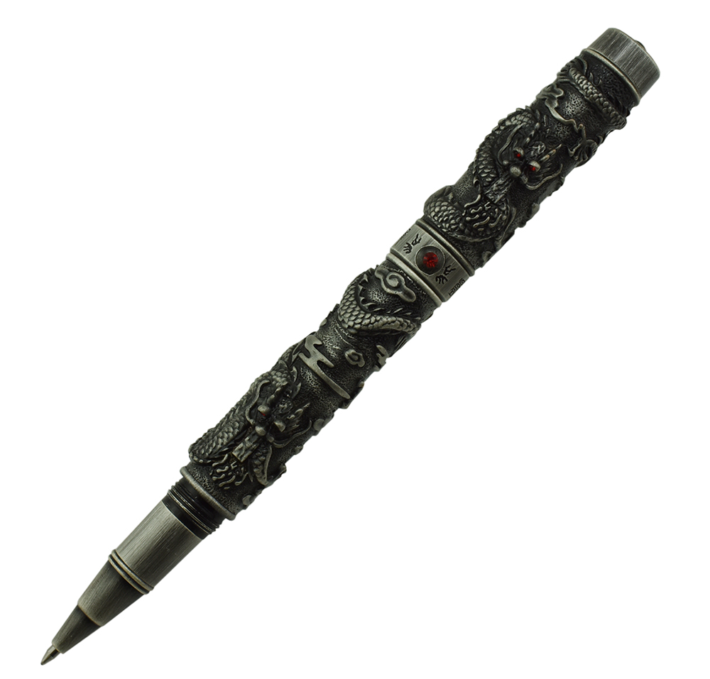 Vintage Collectible Pens - Jinhao ヴィンテージ豪華なローラーボールペンダブルドラゴン演奏パール、古代グレー金属彫刻エンボスヘビーペンコレクション