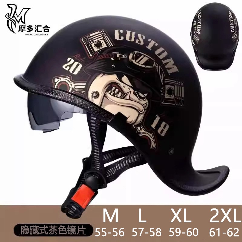 Lens Cap Vintage - レトロなオートバイのヘルメット,男性用,ハーフヘルメット,内蔵レンズ,夏用電動自転車,安全キャップ,ファッション,ハーレー