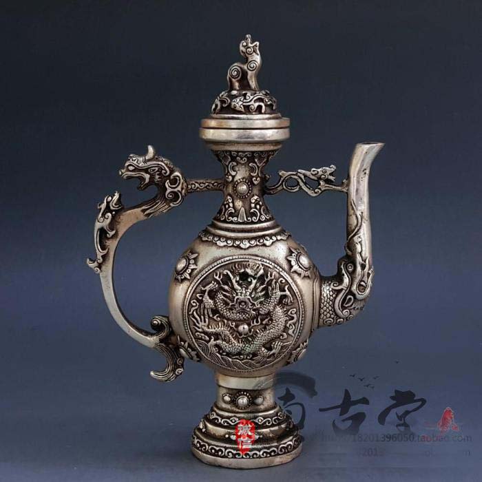 Collectible Vintage Wine - トップコレクション # ホームオフィス装飾アート - 古いヴィンテージ中国貴族の銀龍彫刻アート銀メッキワインポット