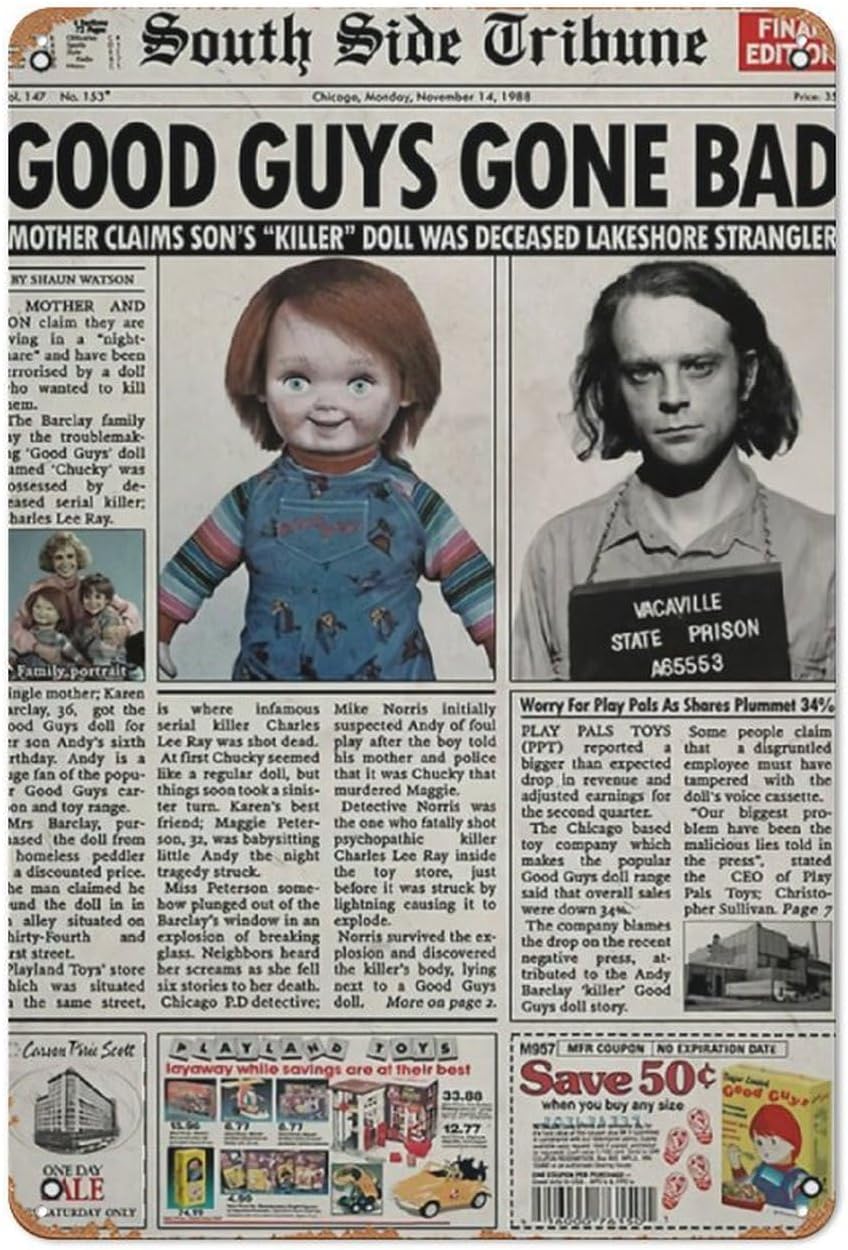 Collectible Vintage Newspapers - Child S Play 1988 新聞ポスタープリントチャッキーコレクションメタルブリキ看板ヴィンテージシックアート装飾壁アートプリントポスター壁